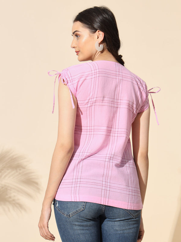 Cotton Crepe Yarn Dyed Check Top-#TP016-PInk