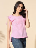 Cotton Crepe Yarn Dyed Check Top-#TP016-PInk