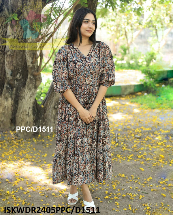 Hand Block Kalamkari Printed Cotton Maxi Dress-ISKWDR2405PPC/D1510-PPC/D1511