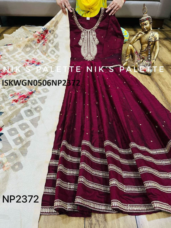 Embroidered Silk Gown With Digital Printed Banarasi Silk Dupatta-ISKWGN0506NP2372