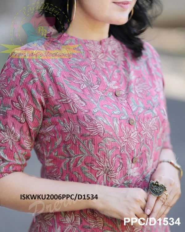 Hand Block Printed Kantha Weaved Cotton A-Line Kurti With Pant-ISKWKU2006PPC/D1534