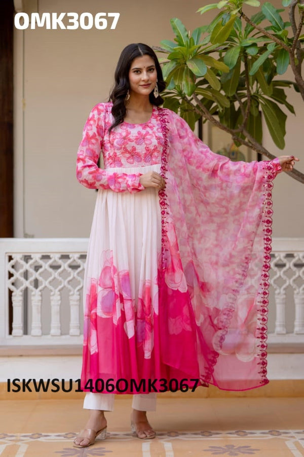 Digital Floral Printed Chiffon Anarkali Kurti With Pant And Dupatta-ISKWSU1406OMK3067