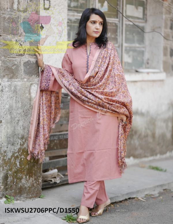Handloom Cotton Kurti With Pant And Kalamkari Printed Khadi Silk Dupatta-ISKWSU2706PPC/D1550