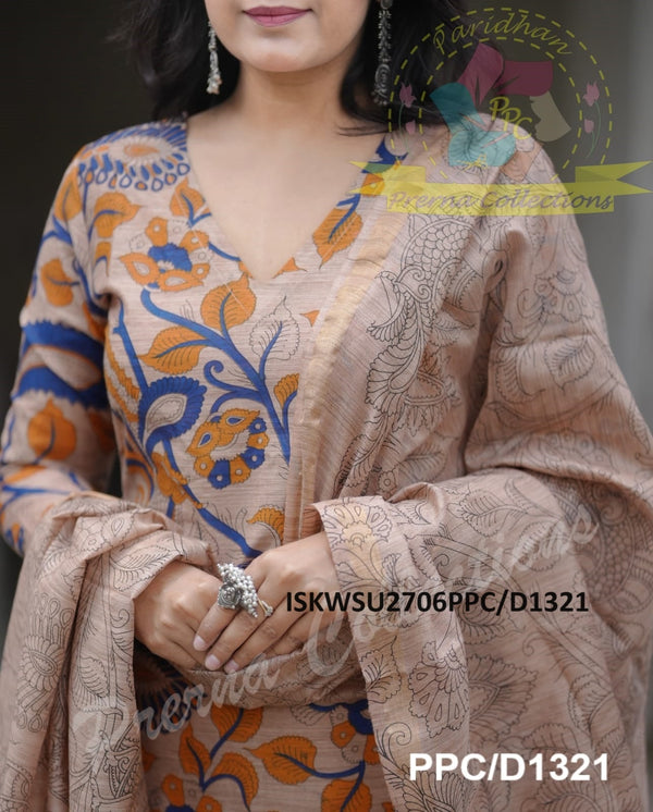 Kalamkari Printed Handloom Cotton Silk Kurti With Cotton Silk Pant And Dupatta-ISKWSU2706PPC/D1321