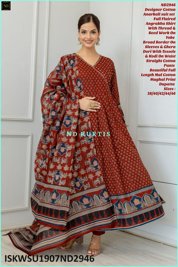 Printed Cotton Anarkali Kurti With Pant And Mughal Printed Malmal Cotton Dupatta-ISKWSU1907ND2946