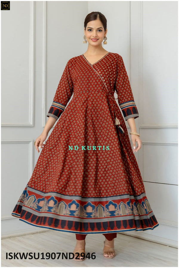 Printed Cotton Anarkali Kurti With Pant And Mughal Printed Malmal Cotton Dupatta-ISKWSU1907ND2946