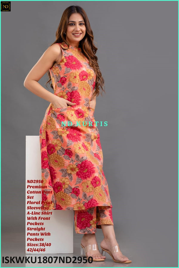 Floral Printed Cotton A-Line Kurti With Pant-ISKWKU1807ND2950