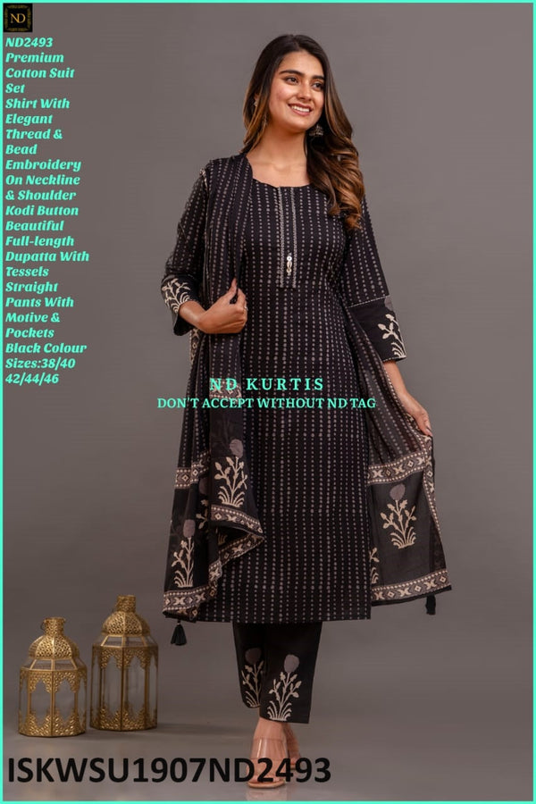 Embroidered Cotton Kurti With Pant And Dupatta-ISKWSU1907ND2493