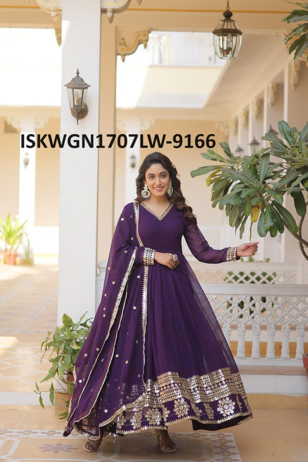 Embroidered Georgette Gown With Dupatta-ISKWGN1707LW-9166