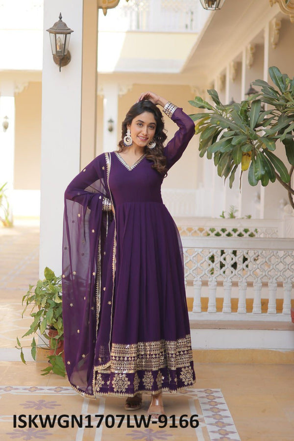 Embroidered Georgette Gown With Dupatta-ISKWGN1707LW-9166