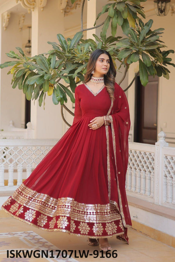 Embroidered Georgette Gown With Dupatta-ISKWGN1707LW-9166