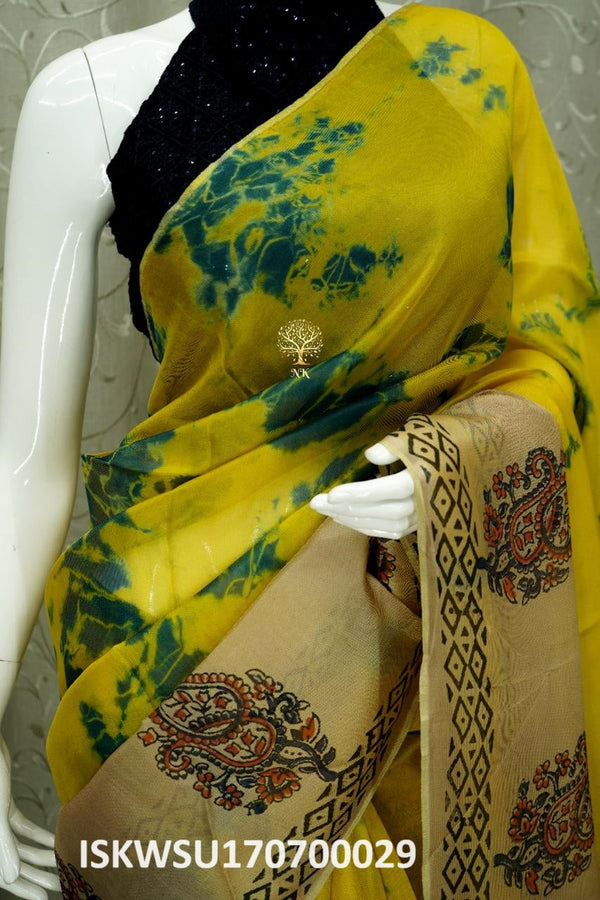 Shibori Tie And Dye Printed Jute Silk Saree With Kalamkari Blouse-ISKWSU170700029