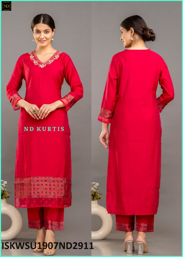 Embroidered Silk Kurti With Maslin Pant And Brasso Dupatta-ISKWSU1907ND2911