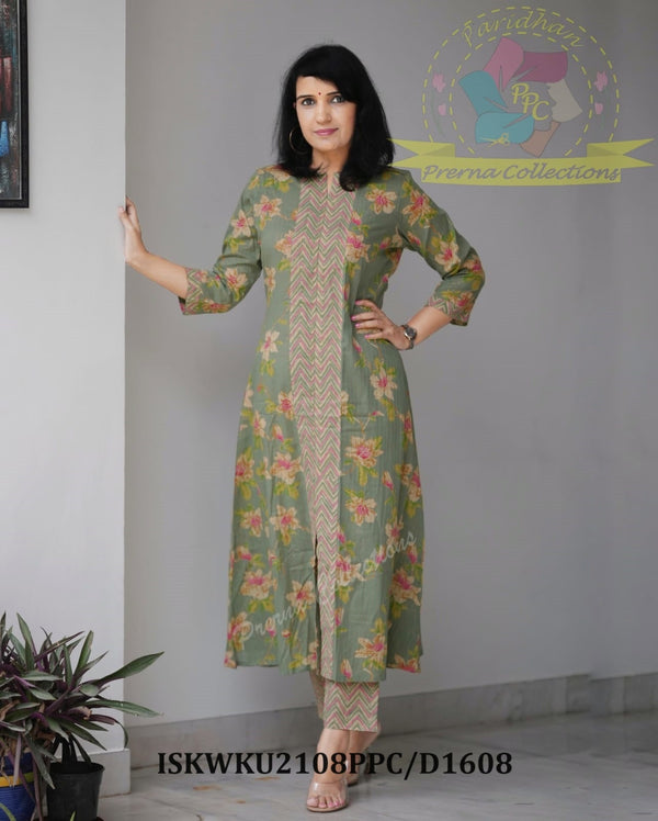 Floral Printed A-Line Cotton Kurti With Zigzag Printed Pant-ISKWKU2108PPC/D1608