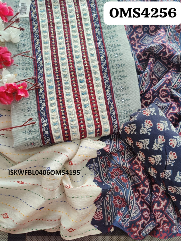 Handloom Cotton Kurti With Ajrakh Printed Cotton Bottom And Dupatta-ISKWFBL0406OMS4256