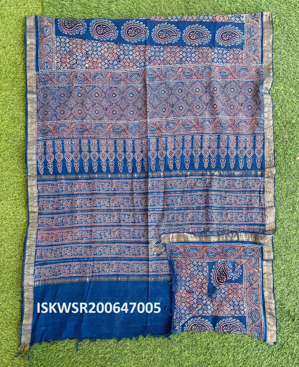 Ajrakh Hand Block Printed Cotton Saree With Blouse-ISKWSR200647005