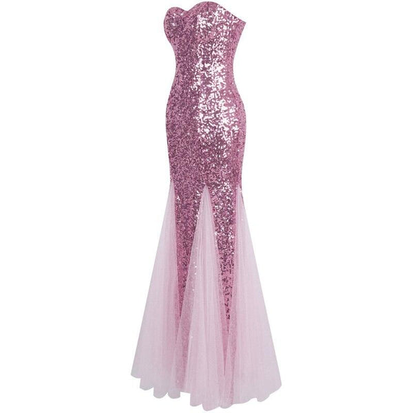 Strapless Sequin Lace Up Back Contrast Tulle Long Formal Evening Dress Prom Wedding Guest Gown Pink 053 - Ishaanya