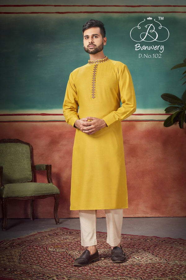 Cotton Slub Embroidered Kurta