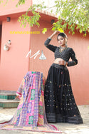 Cotton Lehenga With Jacquard Stripe Blouse And Chinon Dupatta-ISKWNAV26044030