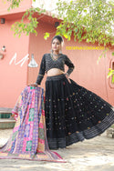 Cotton Lehenga With Jacquard Stripe Blouse And Chinon Dupatta-ISKWNAV26044030