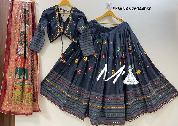 Cotton Lehenga With Jacquard Stripe Blouse And Chinon Dupatta-ISKWNAV26044030