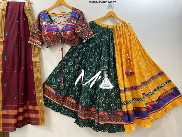 Vintage Printed Cotton Lehenga With Blouse And Khadi Cotton Dupatta-ISKWNAV08054157