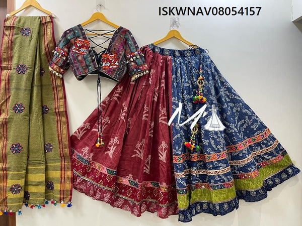 Vintage Printed Cotton Lehenga With Blouse And Khadi Cotton Dupatta-ISKWNAV08054157