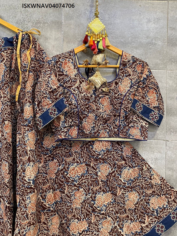 Kalamkari Printed Cotton Lehenga With Blouse And Dupatta-ISKWNAV04074706