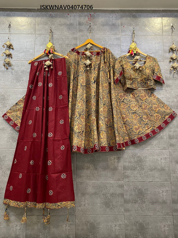 Kalamkari Printed Cotton Lehenga With Blouse And Dupatta-ISKWNAV04074706