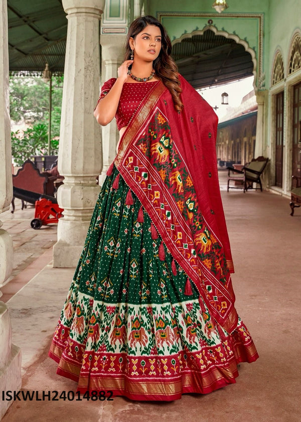 Patola Printed Tussar Silk Lehenga With Blouse And Dupatta-ISKWLH24014882