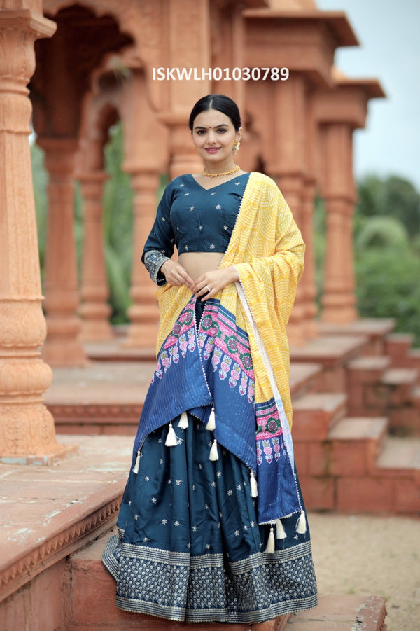 Embroidered Silk Lehenga With Blouse And Digital Printed Maslin Dupatta-ISKWLH01030789