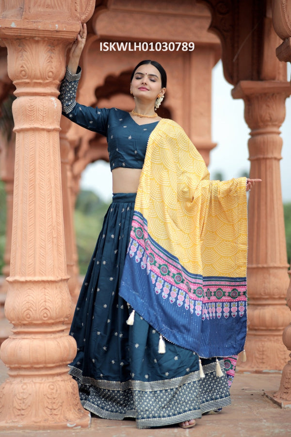 Embroidered Silk Lehenga With Blouse And Digital Printed Maslin Dupatta-ISKWLH01030789